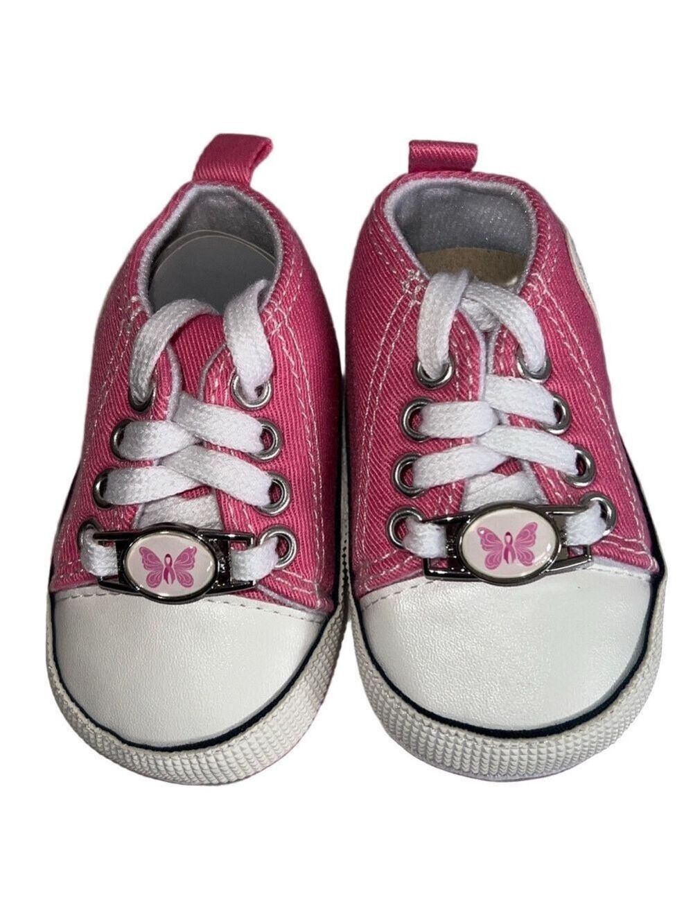 Pink and White Baby Sneakers with Breast Cancer Butterfly Charm, Baby Size 11